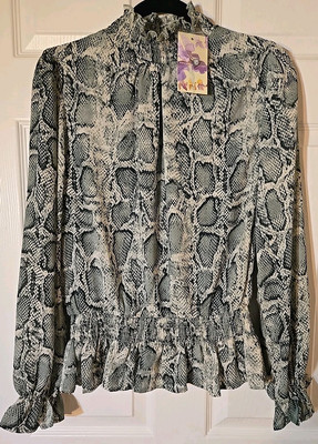ee:some Snake Print Lined Green Blouse Size Small Elastic Neck, Waist Sleeve NWT