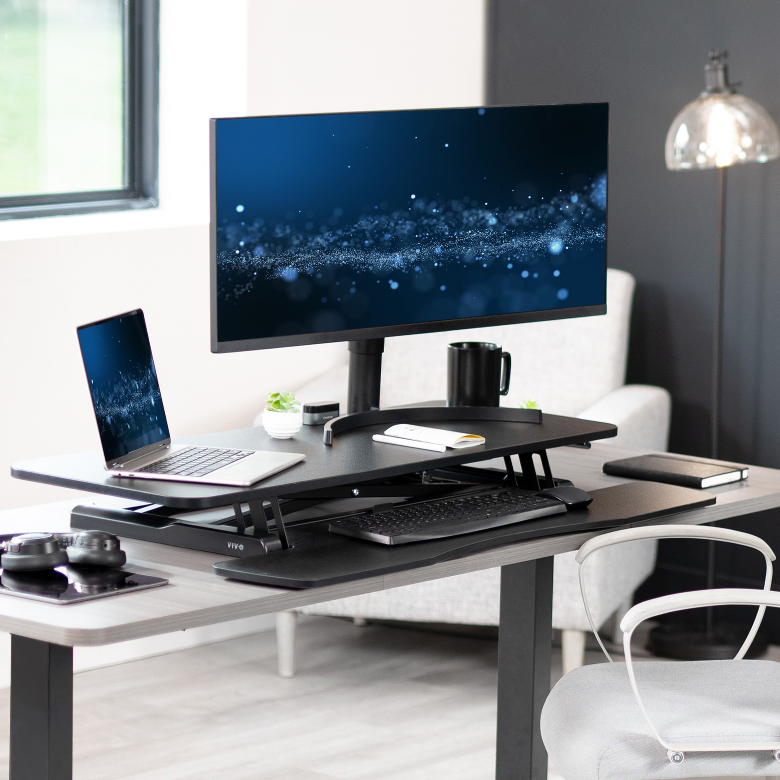 VIVO Black Height Adjustable 42" Standing Desk Monitor Riser, Sit Stand Tabletop