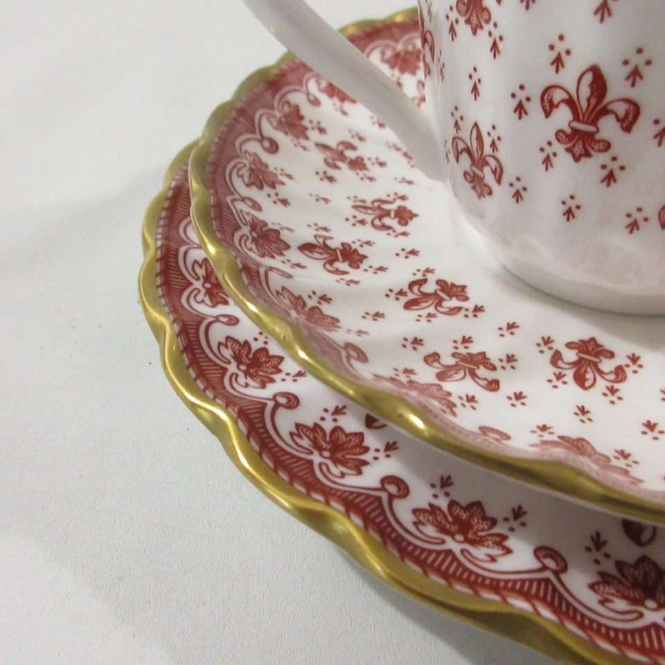 Spode Fine Bone China Cup Saucer Desert Plate Fleur De Lys Red Gold Rim ...
