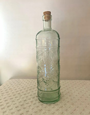 Decorative Embossed Glass Bottle Clear Green with Cork Stopper 15 in
