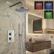 Concealed Twin Thermostatic Chrome Shower Mixer 2 Way Valve Round LED Overhead