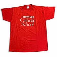 Vintage 80s Screen Stars Best T-Shirt I Survived Catholic School Red USA XL (L)