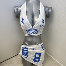 White Blue Energy Sport Dance Halter Top and Skirt Set Women XS