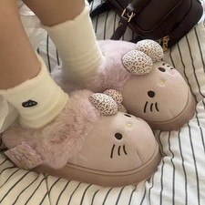 Fall Winter Hello Kitty Slippers For Women Plush Kawaii Sanrio Home Warm Cotton