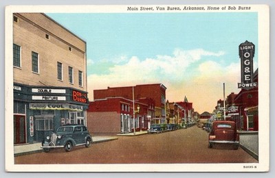 Main Street Van Buren AR Arkansas Postcard 1940s Movie Theater, Old Cars, OG&E
