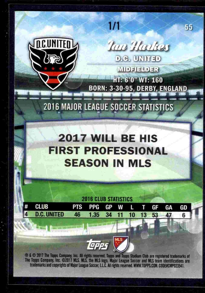 2017 Stadium Club MLS Sepia 1/1! Rookie Ian Harkes D.C. United - Image 2 of 2