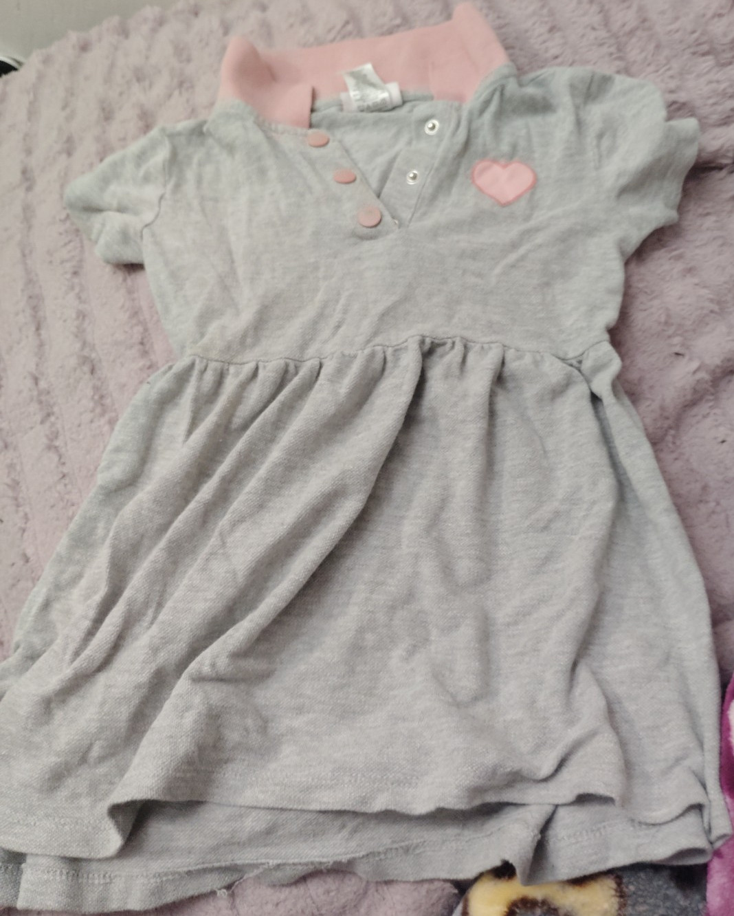 Little Lass Girls Fit & Flare Gray Pink Heart Dress Collared Short Sleeve Knee 6