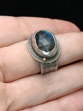 Sterling Silver Labradorite Statement Ring, Size 9, Boho Artisan Textured Band
