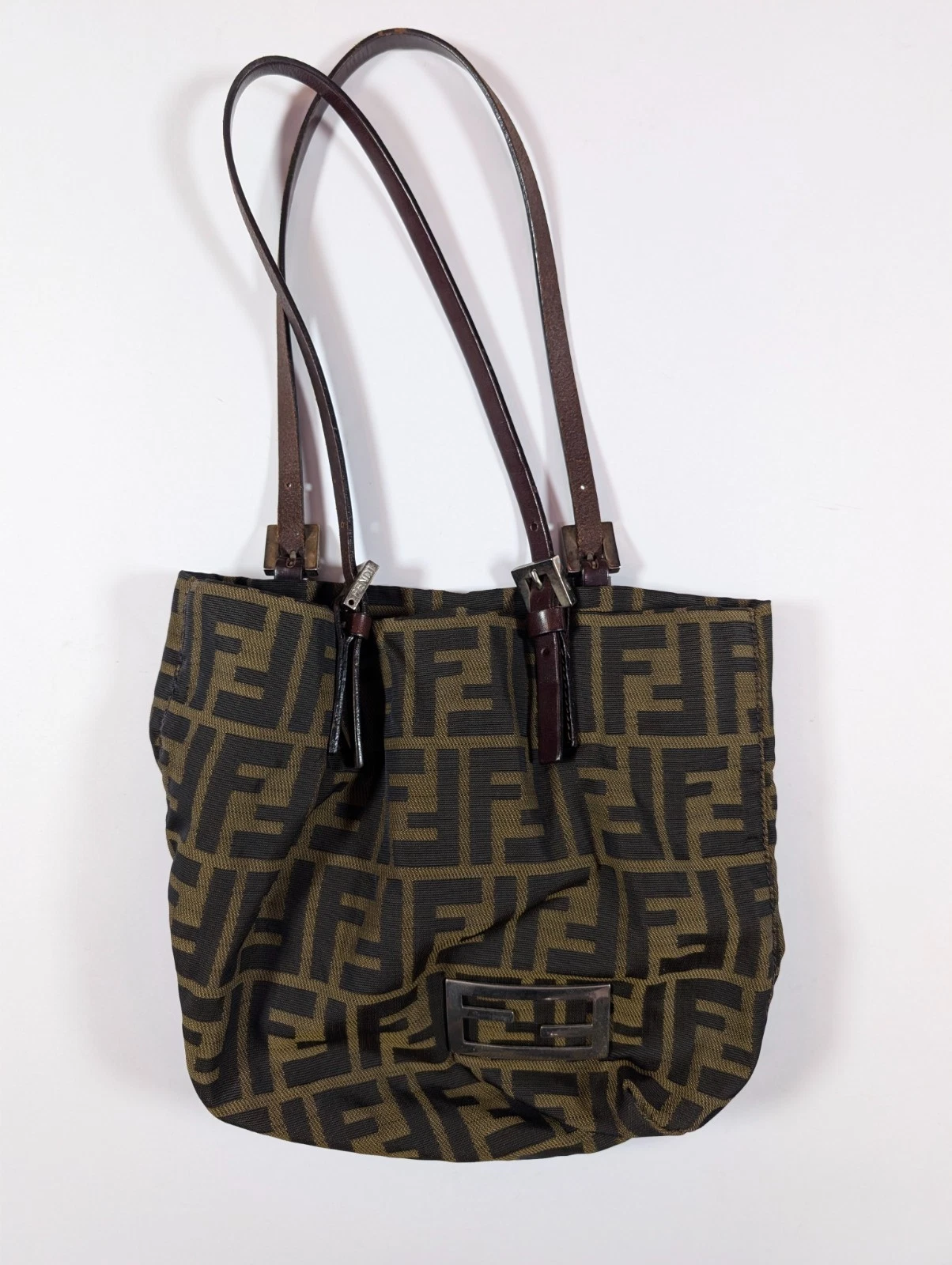 Fendi — Fendi Zucca FF Shoulder Bag Brown Canvas Leather Trim Silver Hardware 2000s Vtg