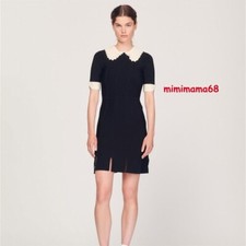 Sandro Lace Collared Pearl Embellished Sleeve Slit Hem Mini Dress