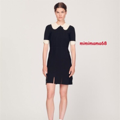 Sandro Lace Collared Pearl Embellished Sleeve Slit Hem Mini Dress