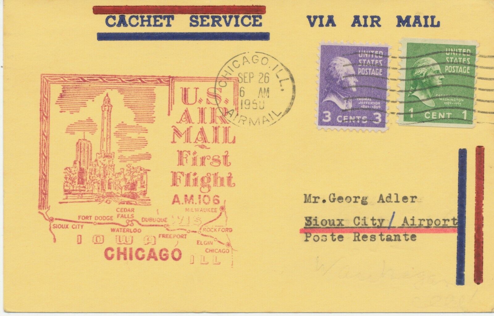 USA 1950, selt. Kab. Maiden Flight A.M. 106 "Chicago, Illinois - Sioux City, Iowa"