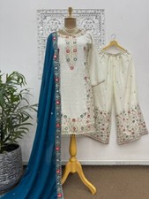 Attractive Pure Chinnon White Top Palazzo With Blue Dupatta For Function Wear