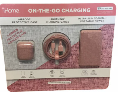 iHome On the Go 3 Piece Charging Bundle with Bonus Earbud Case (Gen 1&2) Pink