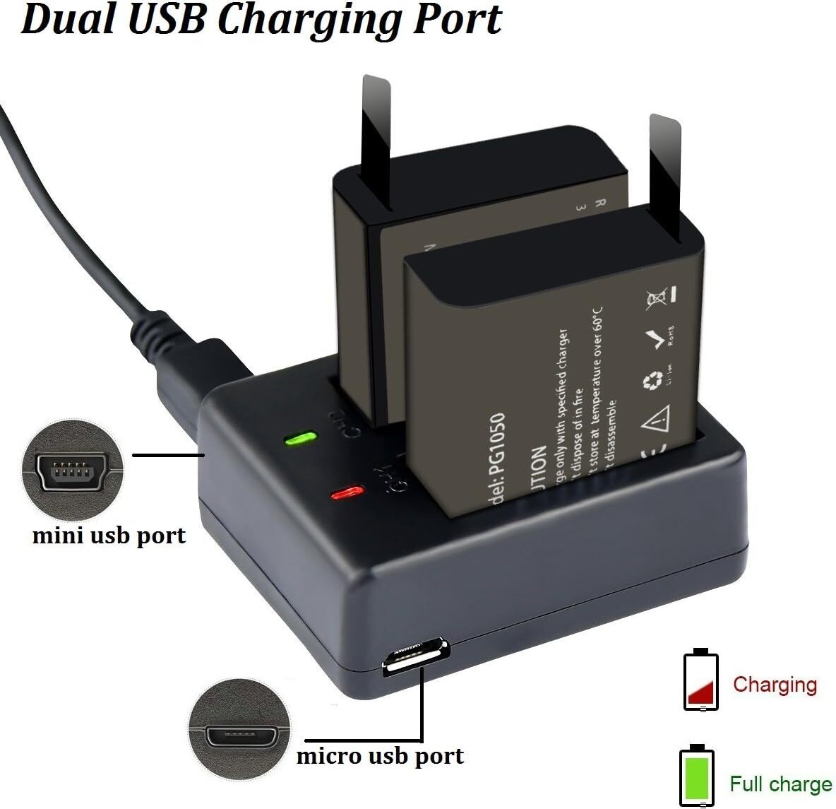 Vvhooy 3X1050 Battery Charger With 3 Batteries For Action Cameras Usb Ports