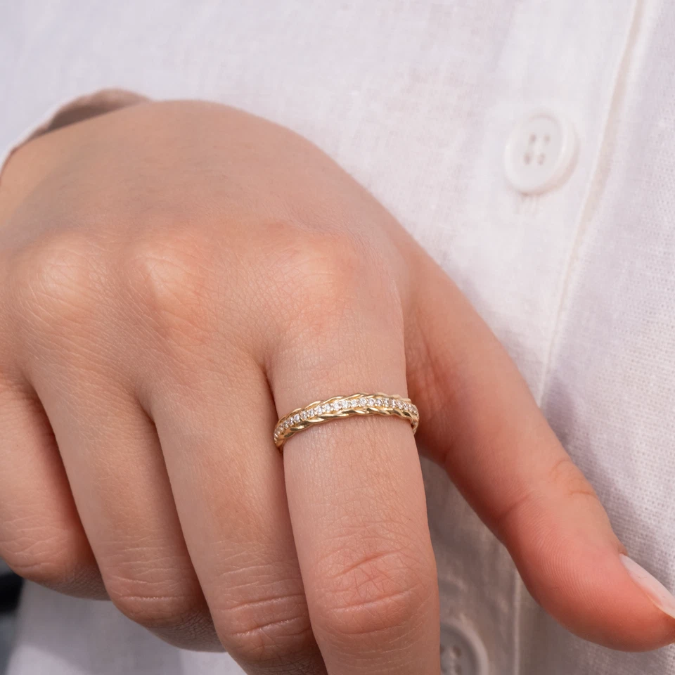 14k Solid Gold Lab-Created Diamond Braided Twisted Band Ring Stacking Ring Women - Image 3 of 4