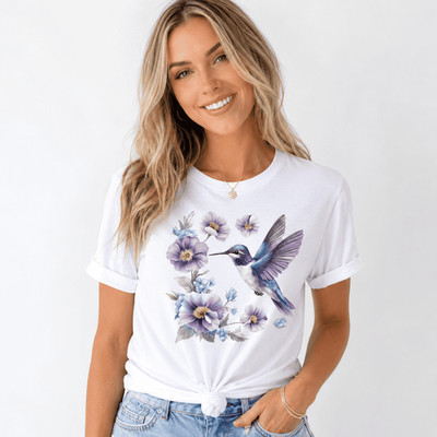 Hummingbird Floral Graphic Women s T-Shirt Purple Flower Bird Nature Casual Tee 
