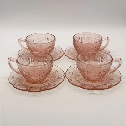 Jeannette Glass Co. Cherry Blossom Pink Depression Glass 4-Teacup & Saucer Set