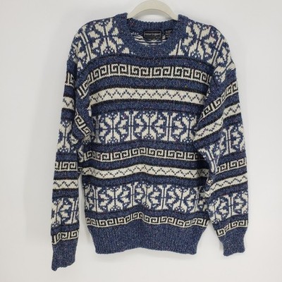 Vintage 90s Peter England Fair Isle Knit Sweater Mens L Blue Wool Blend Fleck