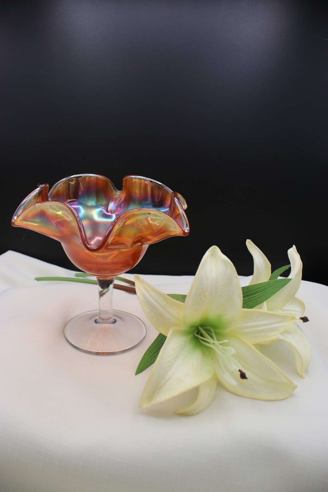 Vintage Marigold Iridescent Carnival Glass Ruffled Pedestal Candy Dish Bowl MCM