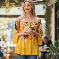 Style & Co Yellow Tropical Top Womens Medium Petite Floral Off Shoulder Knit    