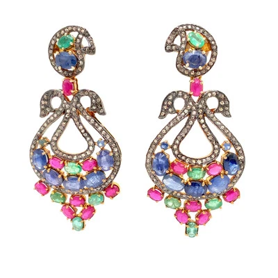 Sterling Silver Yellow Gold Plated Blue Sapphire-Ruby-Emerald-Diamond Chandelier - Image 1 of 3