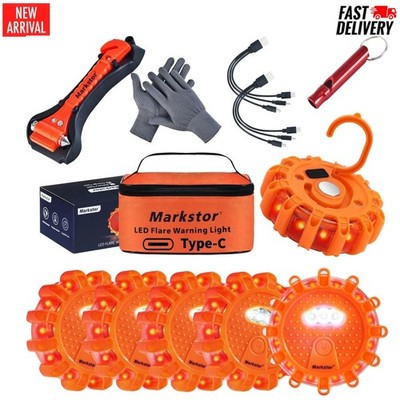 6pk LED Flares Emergency Kit Warning Light Roadside Safety w/ Breaker & Whistle