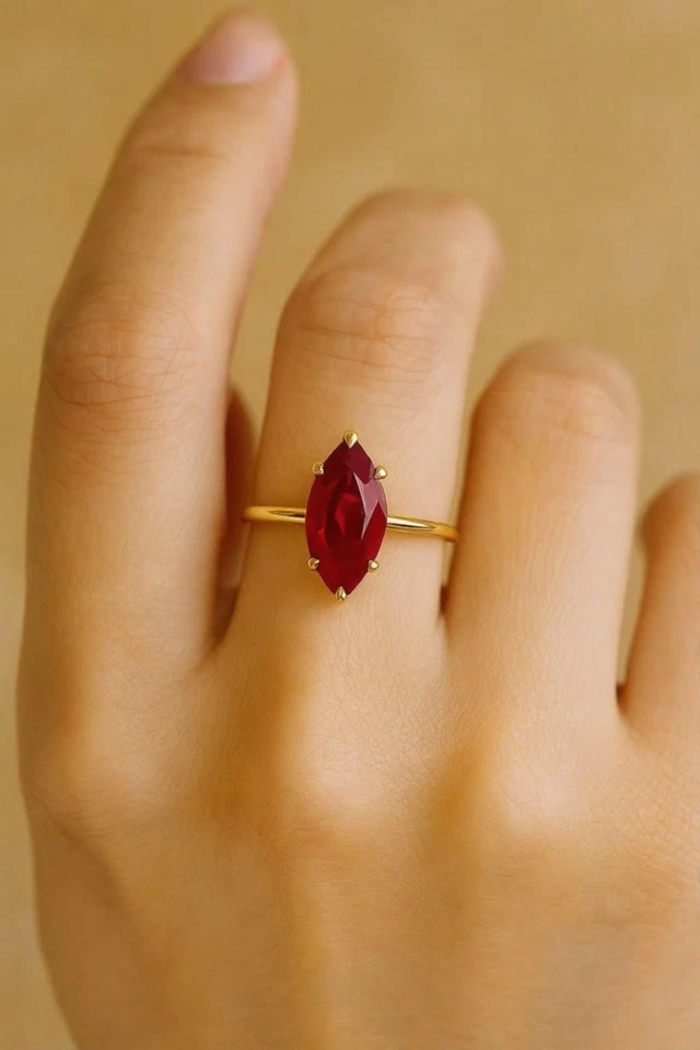 1 CT Labo Synthétique Rubis Fiançailles Bague 14k or Jaune Solitaire Femme Bague - Photo 2/4