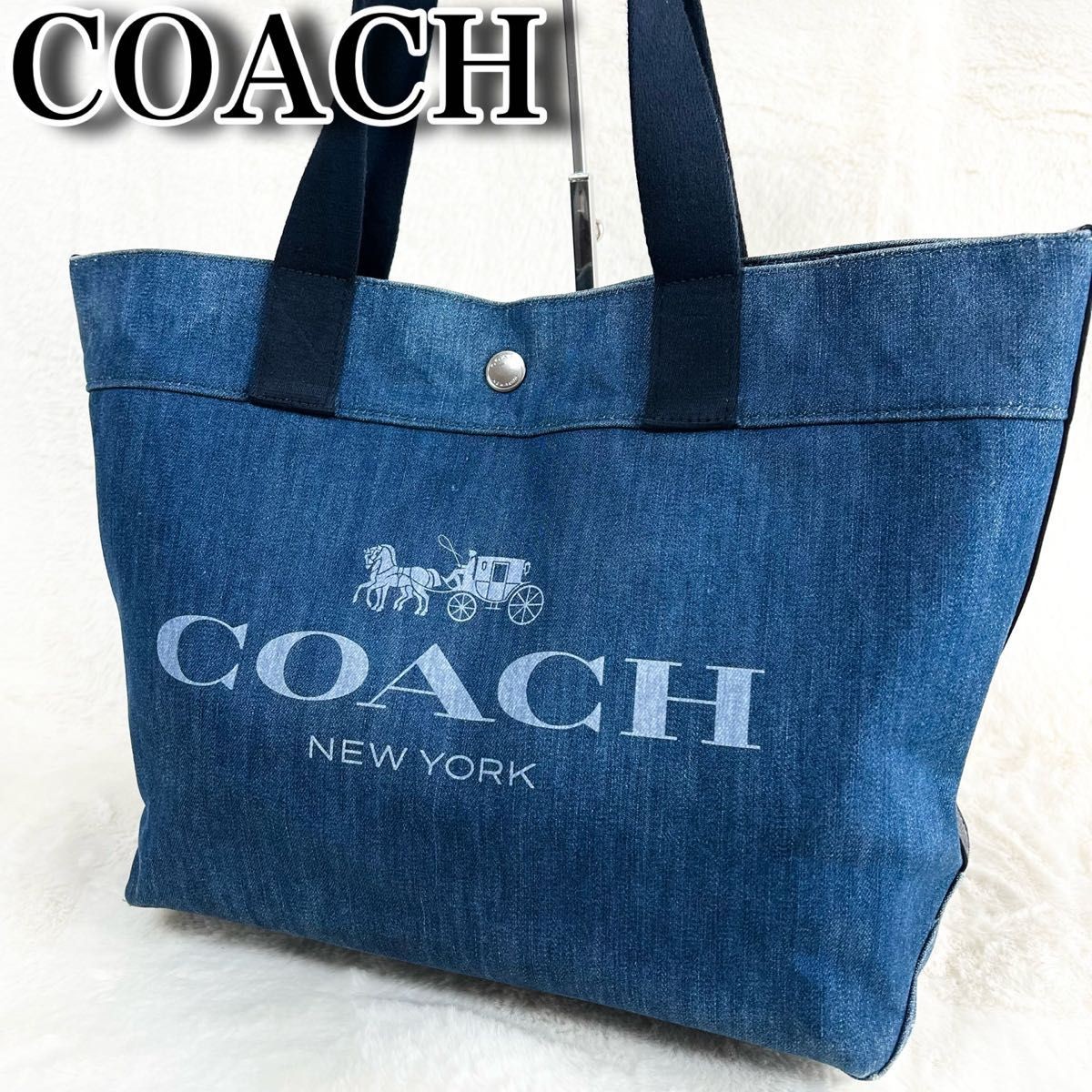 COACH A4 shoulder tote bag in denim indigo floral print with large capacity