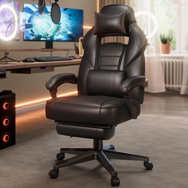 Silla Gaming Ergonómica con Reposapiés, Silla Oficina Ajustable Soporte Lumbar