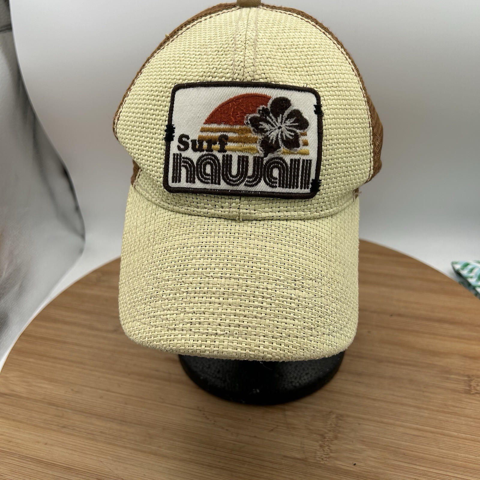 Surf Hawaii Hat Cap RED 1966 Patch-Style Woven Straw OSFM Trucker Mesh Snapback