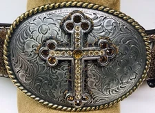 NOCONA BELT CO. GENUINE LEATHER BELT W/ AMBER RHINESTONES ON CROSS FLORAL BUCKLE