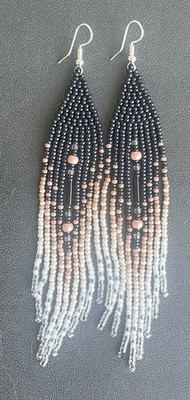 Boho Native Style Black White Tan Seed Bead Beaded Earrings Fringe Tassel Long