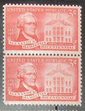 US 3¢ stamp SC #1086 Alexander Hamilton Bicentennial vertical pair MNH 1957.