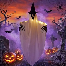 Halloween Hanging Ghost Decor Light  Up Spooky Ghost Witch Hat Outdoor Yard Decor