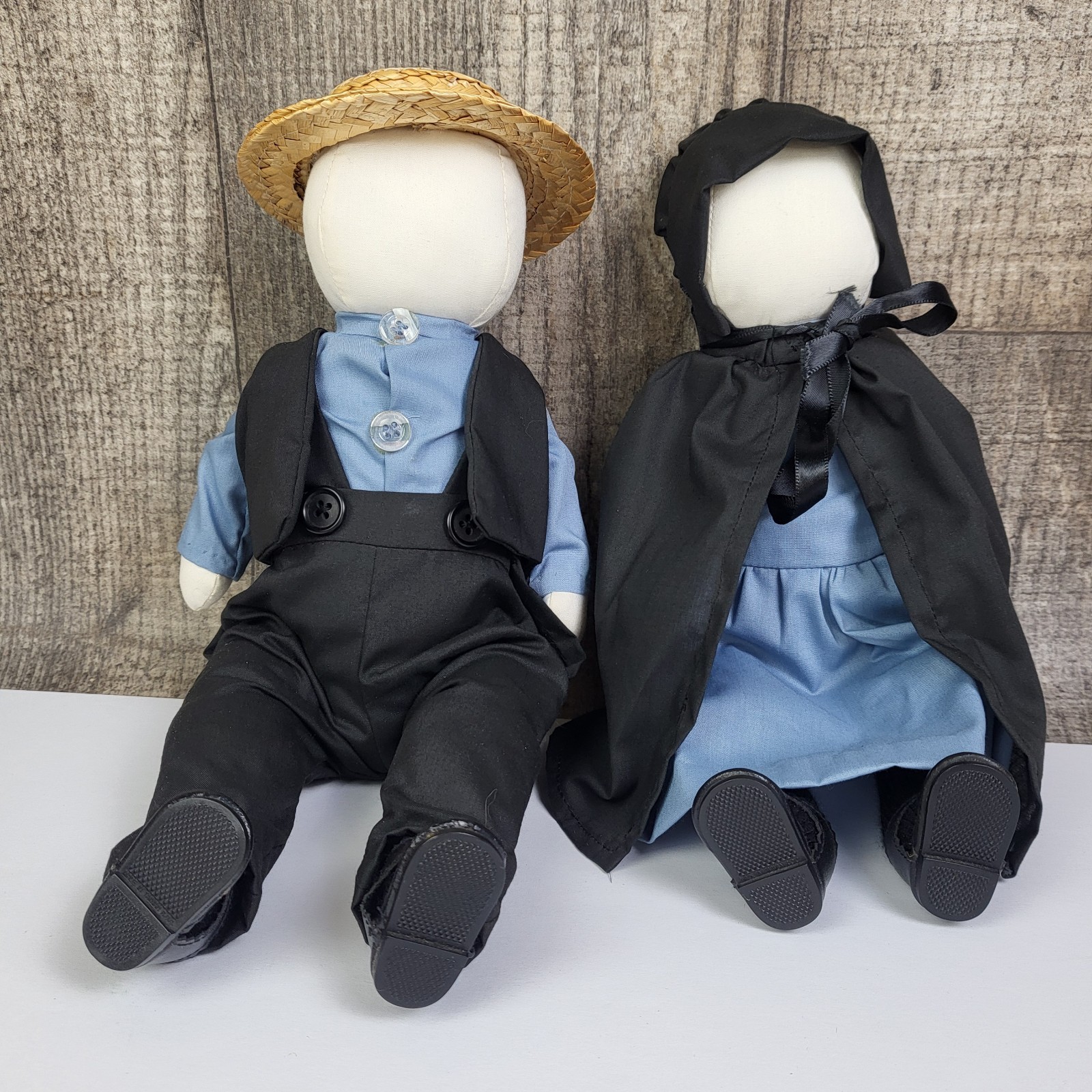 Pair of Folk Art Handmade Faceless Amish Cloth Rag Dolls Man