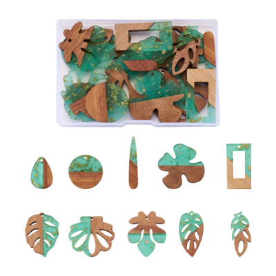 1 Box Green Transparent Resin Walnut Wood Flower Leaf Pendants with Gold Foil