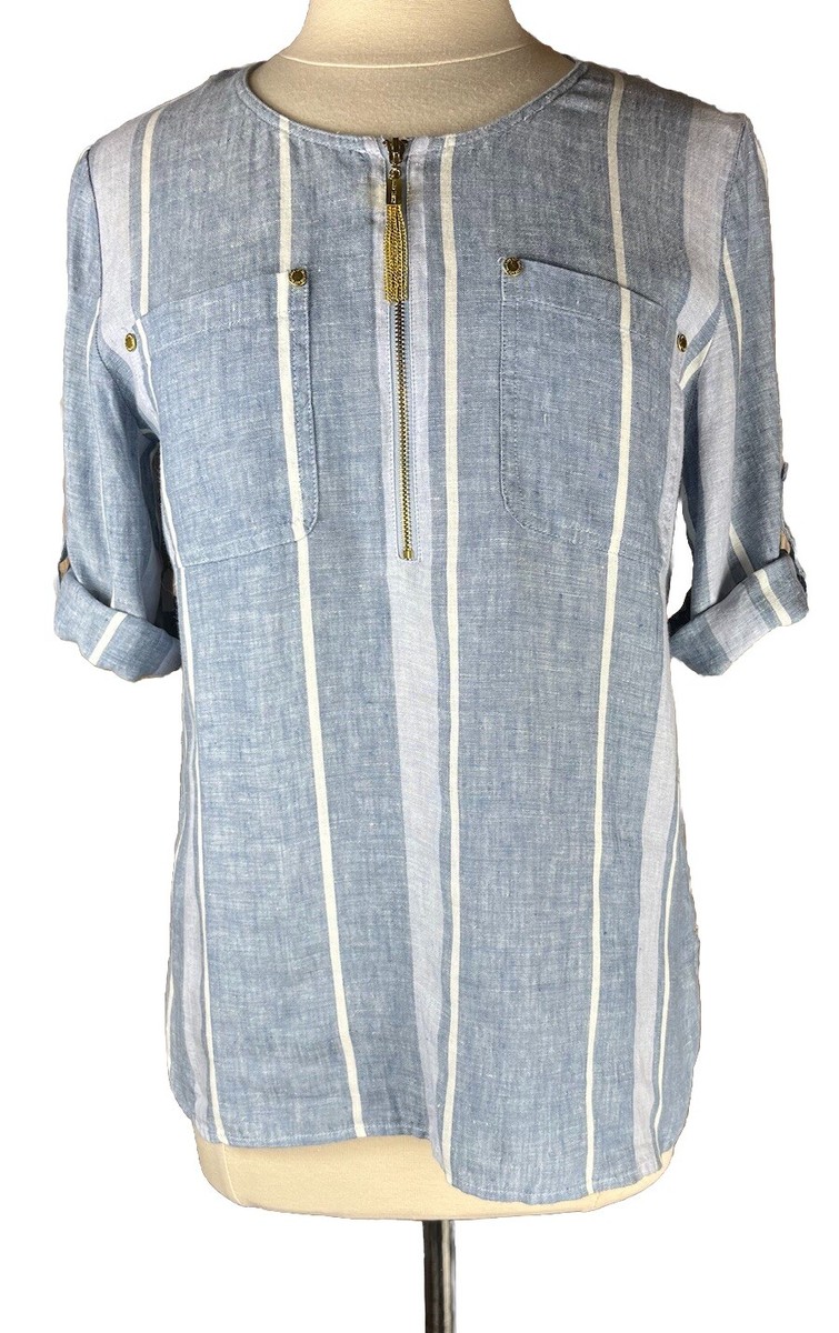 Ellen Tracy (Sz S) 100% Linen Shirt 1/4 Zip Blue & White Stripe Ellen Tracy (Sz S) 100% Linen Shirt 1/4 Zip Blue & White Stripe