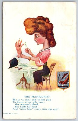 R Hill Comic~The Manicurist's Plan~Flatter Every Silly Man~Trim When Can!~1908