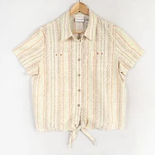 Alfred Dunner Shirt Top Blouse Womens Sz 16 Multicolor Stripe Button Up Knot Hem