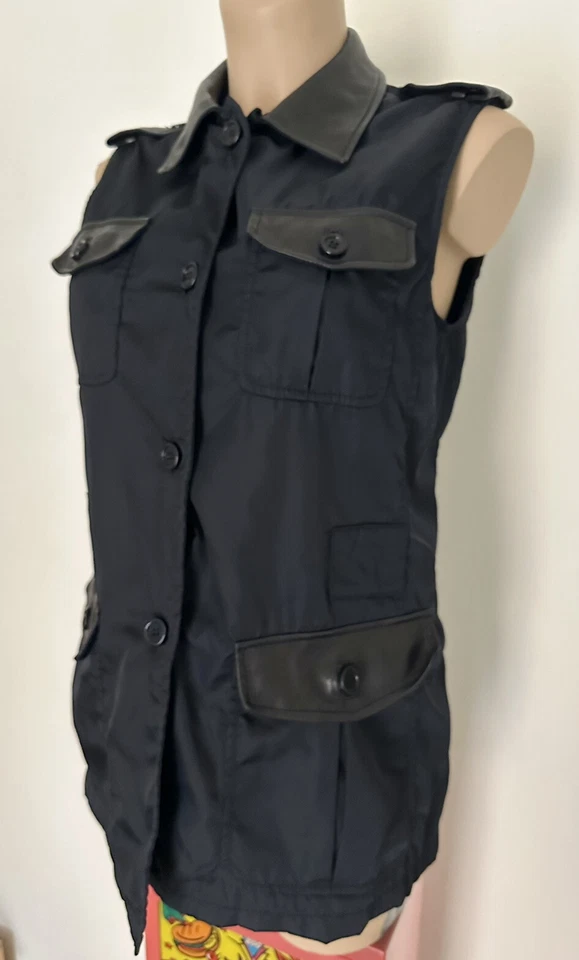 PRADA Original Chaleco Chaleco Chaqueta Cuero Inserto Azul Oscuro Negro Sin C... - Imagen 4 de 4