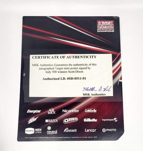 MSK COA AUTHENTIC AUTOGRAPHED Signed 2010 Scott Dixon Indy 500 Hero Card Photo - Picture 2 of 3
