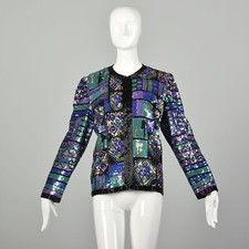 Large 1990s Jewel Tone Sequin Jacket Colorful Geometric Holiday Separates VTG