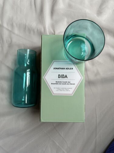 Jonathan Adler Biba Bedside Carafe And Cup Set Teal Turquoise Blue Glass NEW