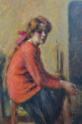 Tableau ancien Portrait Jeune femme dans l'atelier poêle Guerin Japon expo1907 - Photo 5/12