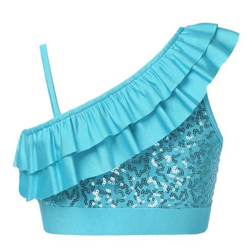 Kid Girl Sequins Vest Ruffle Across Off Shoulder Crop Top Jazz Hip-Hop Dancewear - Picture 50 of 62