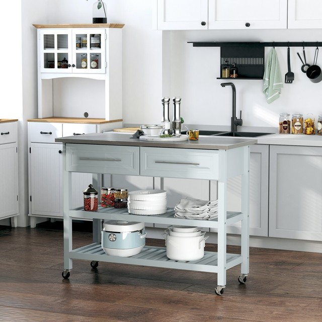 Homcom Country Style Kitchen Island Rustic Rolling Storage Cart On Wheels W Stainless Steel Top For Homcom Country Style Kitchen Island, Rolling Kitchen Island Stainless Steel Top