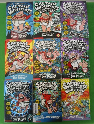 LOT OF 9 PAPERBACK CAPTAIN UNDERPANTS BY DAV PILKEY #1-8 + BOOK O