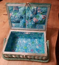 Dritz Sewing Basket Woven Wicker Aqua Blue Floral Handle Lift Out Tray Vintage 