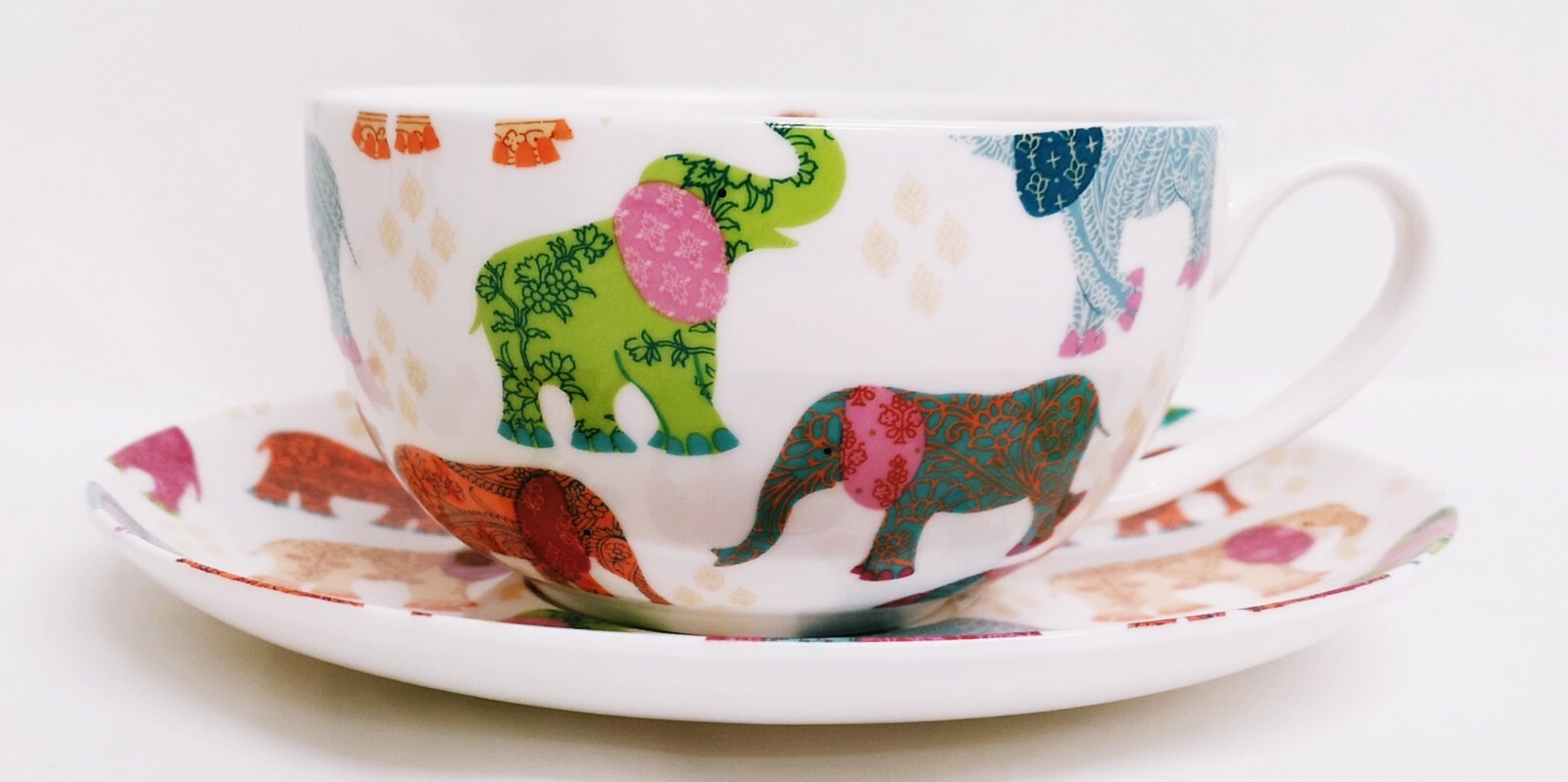 Elephants Cup Saucer Bone China Cappuccino Breakfast Multicolour Patched Set